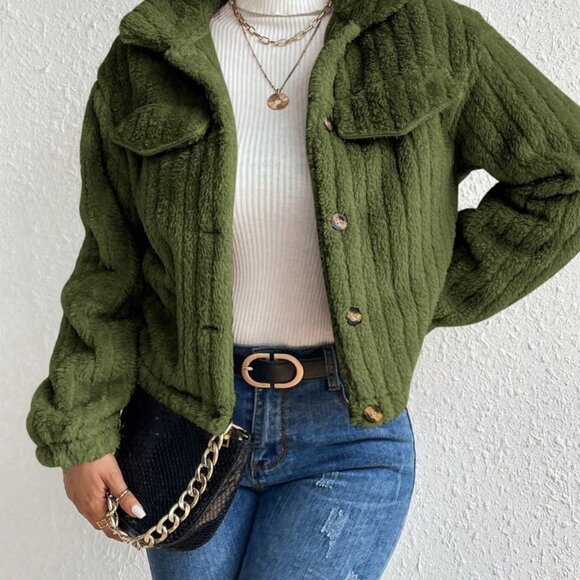 Jackets & Blazers - Army Green Casual Women's Long Sleeve Fluffy Jacket
